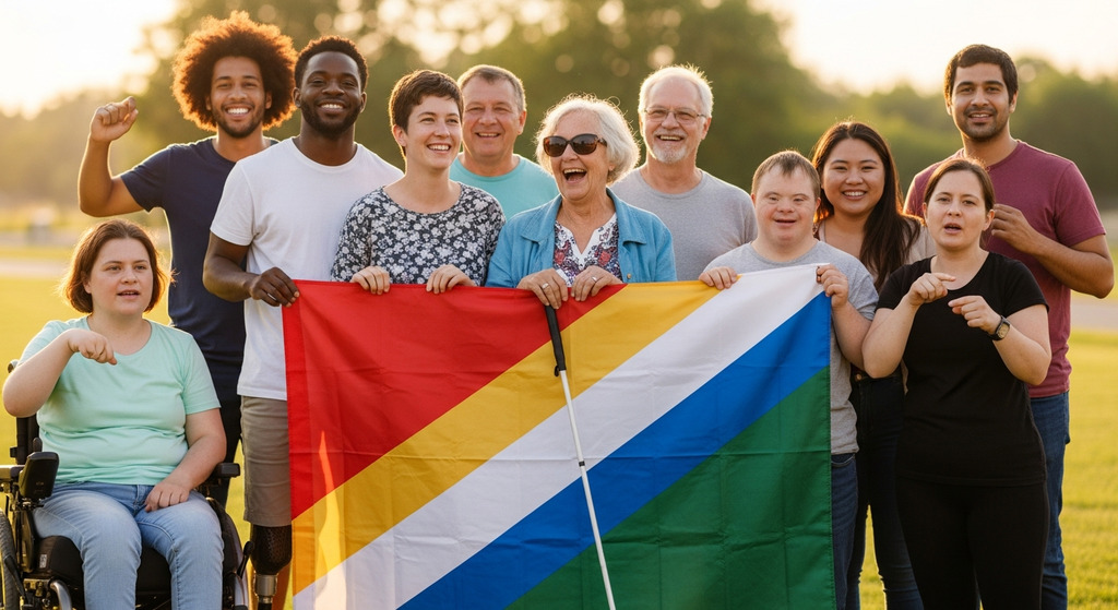 People with disabilities smiling behind a large disability pride flag in the sun.