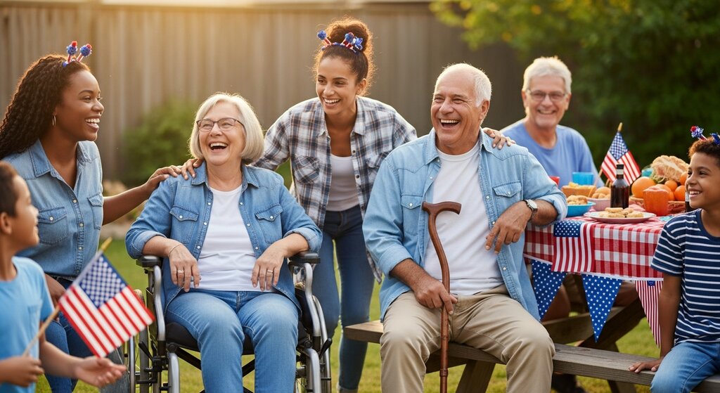 Friends and family, one using a wheelchair, at a sunny Fourth of July picnic.