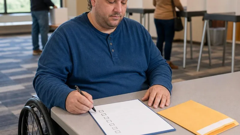 A Michigan voter reviews an accessible voting plan and absentee ballot envelope.