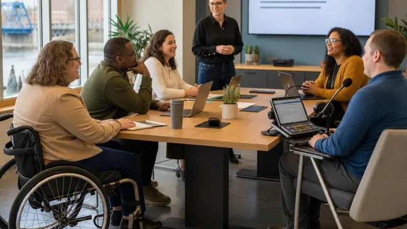 Coworkers with and without disabilities collaborate in an accessible meeting room.