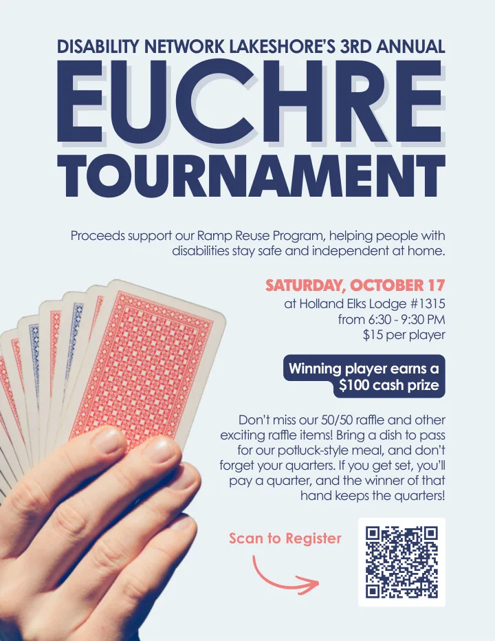 Flyer for Disability Network Lakeshore's 3rd Annual Euchre Tournament.