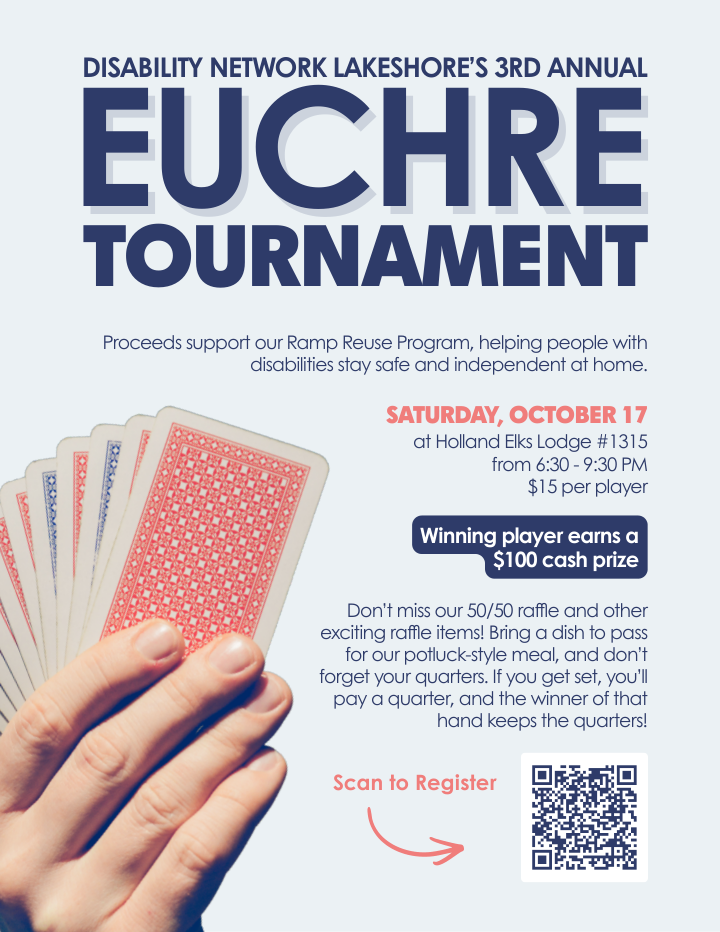 Flyer for Disability Network Lakeshore's 3rd Annual Euchre Tournament.
