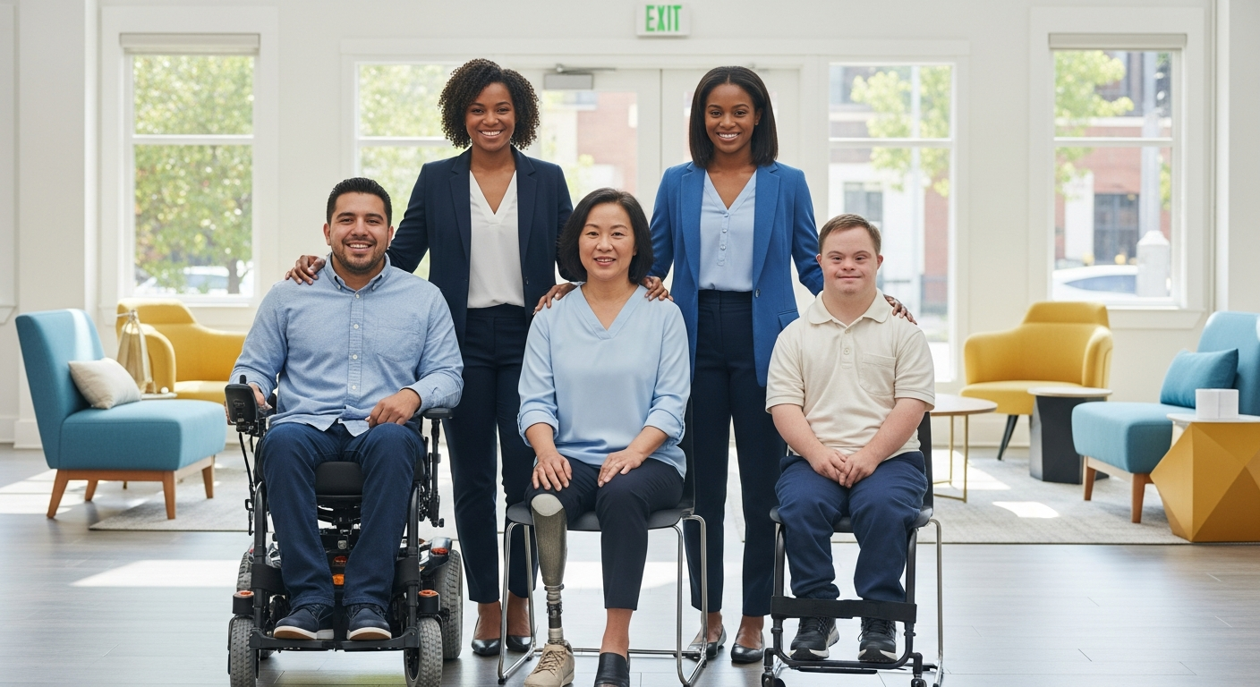 A diverse nonprofit team, including a man in a power wheelchair, smiling in a bright lobby.