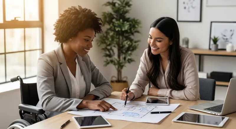 Two women sit at a table reviewing and discussing information