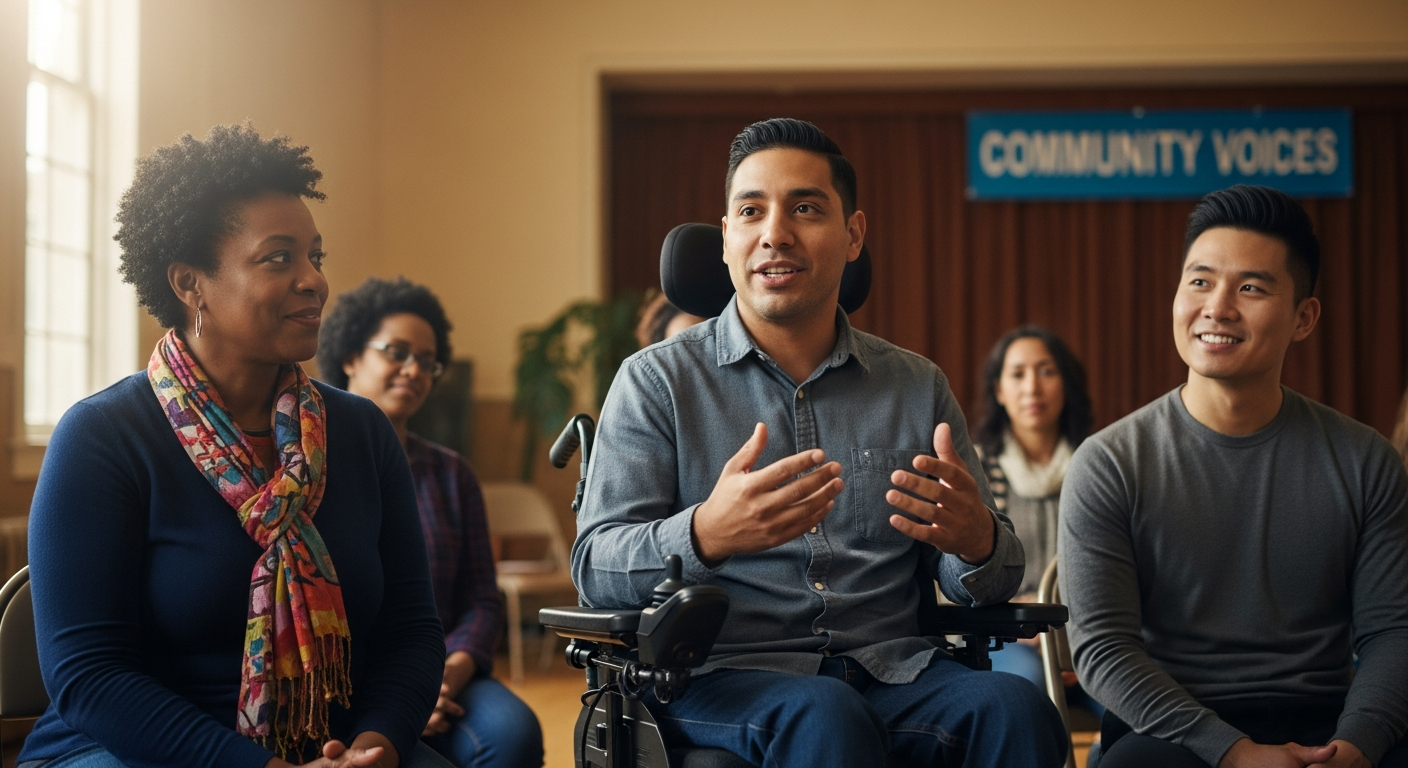 A Latino man in a power wheelchair speaking confidently at a community meeting.