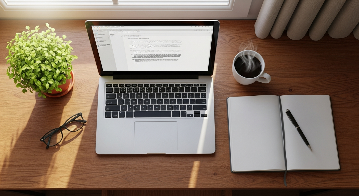 A cozy writing desk by a sunny window with an open laptop, notebook, and cup of coffee.
