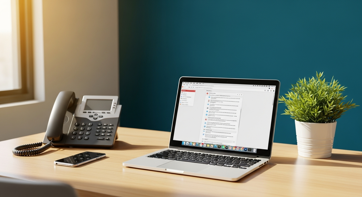 A desk phone and smartphone beside a laptop showing an email inbox on a bright office desk.