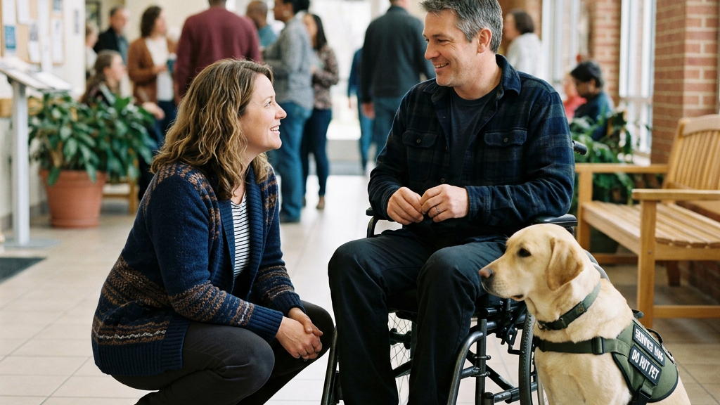 A woman talks at eye level with a man using a wheelchair, his service dog sitting beside him.