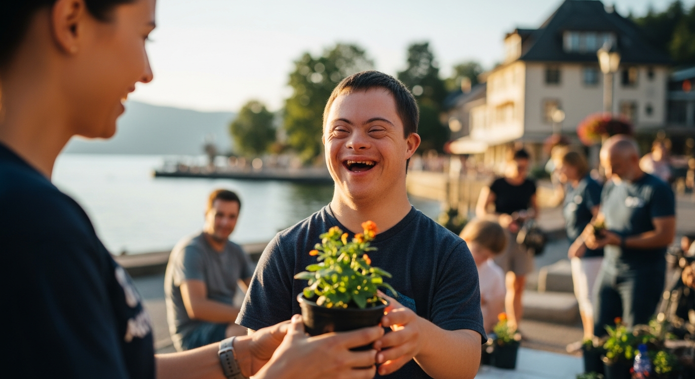 A young man with Down syndrome laughs as a volunteer hands him a potted plant.