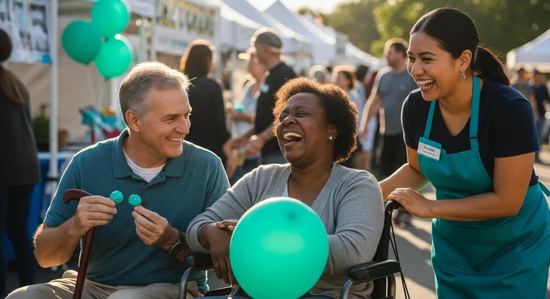 Three friends, one in a wheelchair and one with a cane, laughing at a community fair.