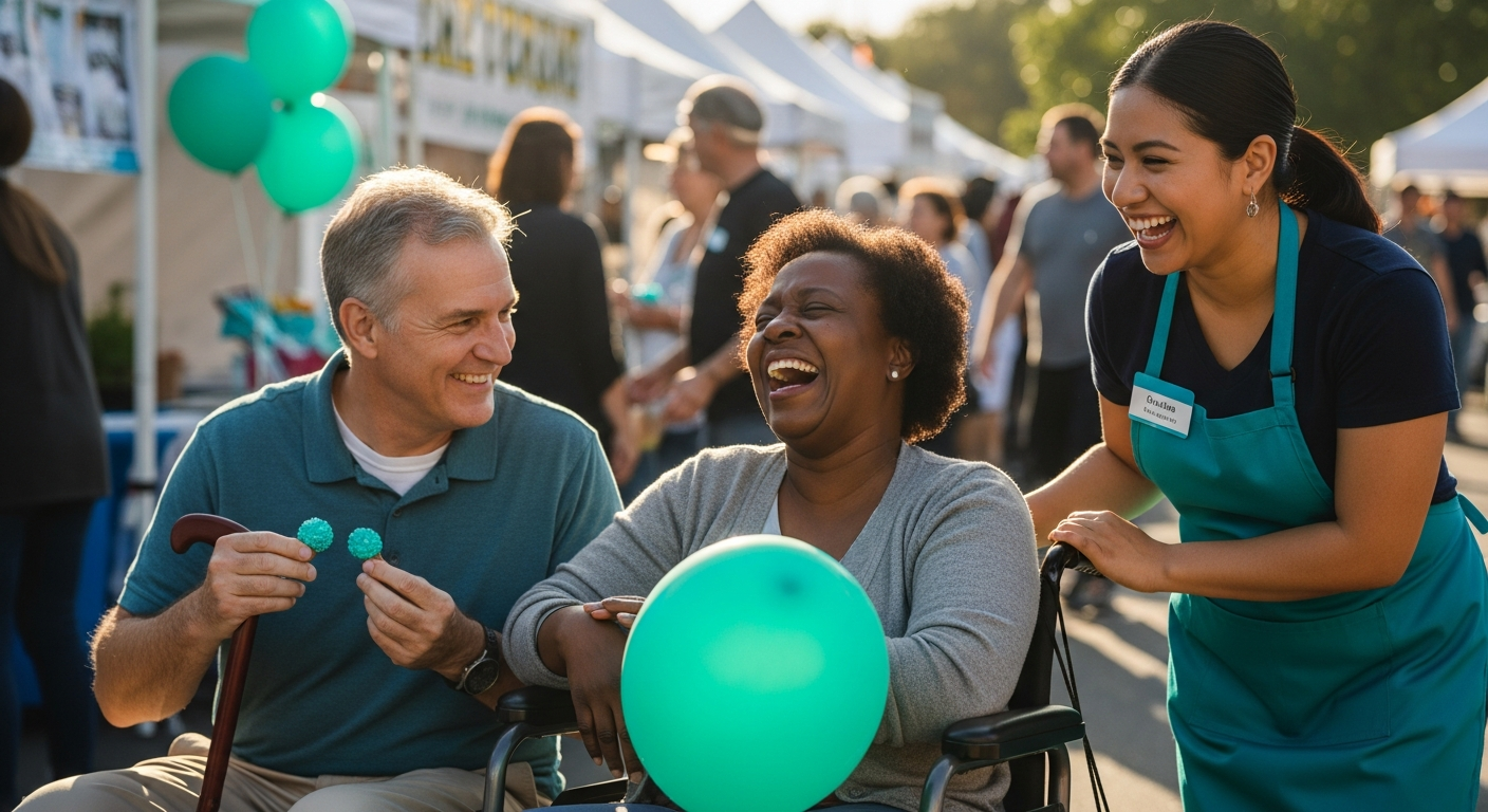Three friends, one in a wheelchair and one with a cane, laughing at a community fair.