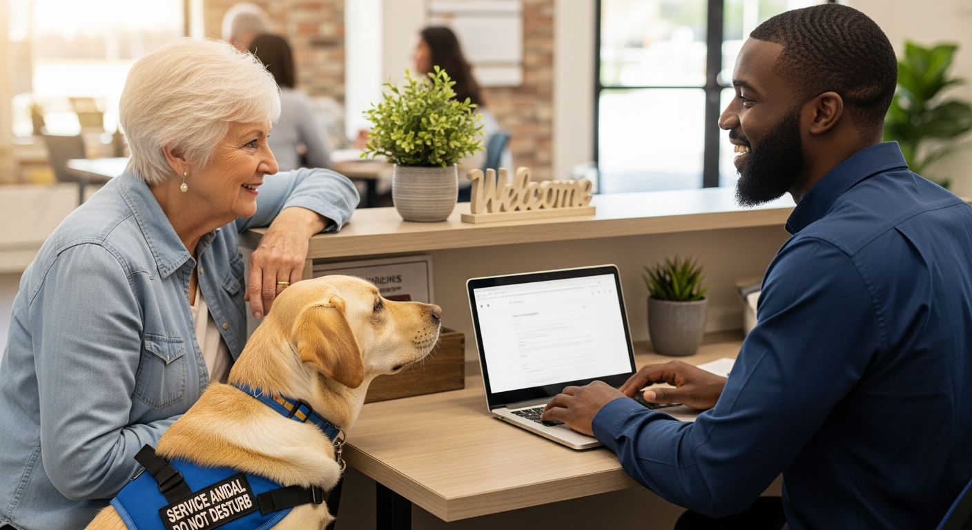 An older woman with a service dog talking with a smiling advisor at a help desk.