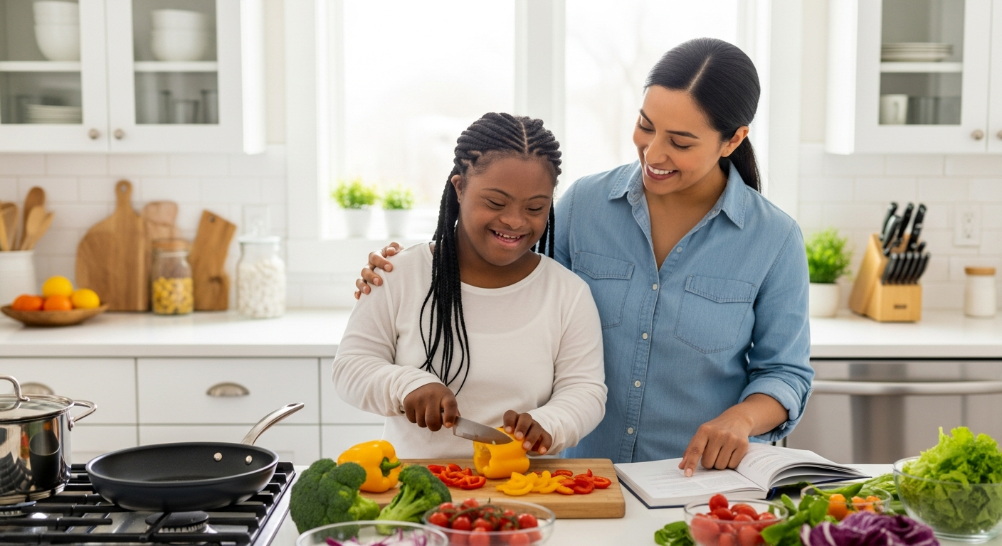A young Black woman with Down syndrome cooking a healthy meal with a coach.