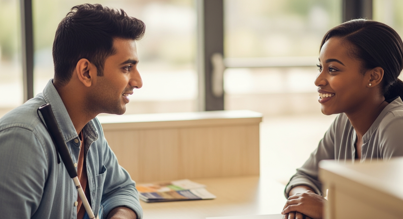 A South Asian man with a white cane talking with a resource specialist at a desk.
