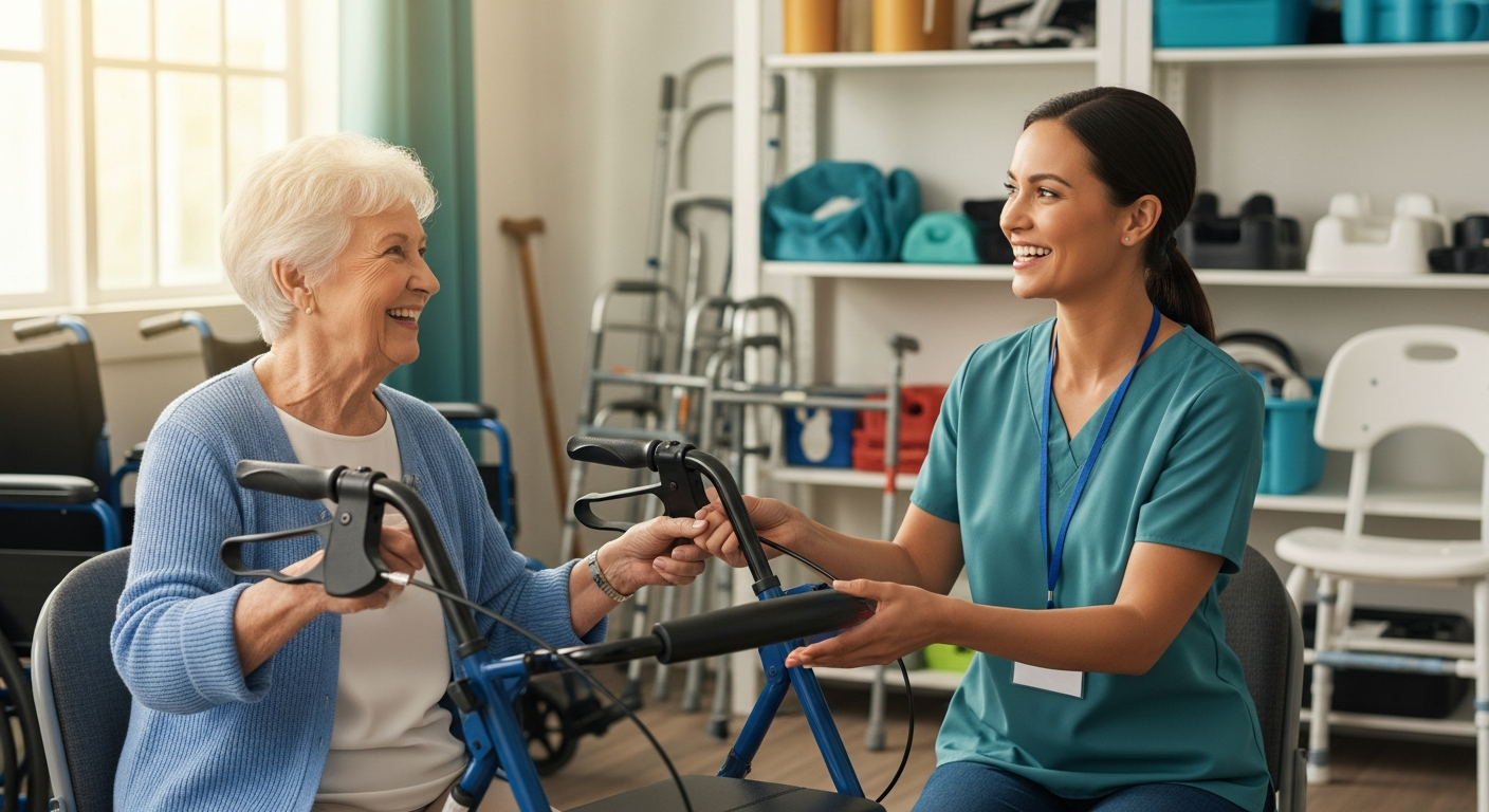 A smiling woman tries a rollator walker with help from a volunteer in the Loan Closet.