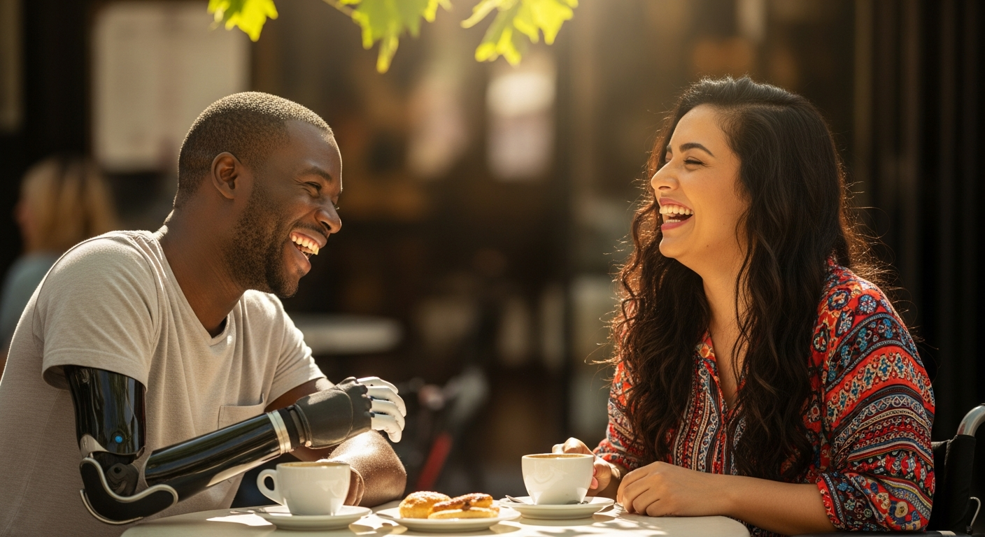 A Black man with a prosthetic arm and a woman in a wheelchair laughing at a cafe.