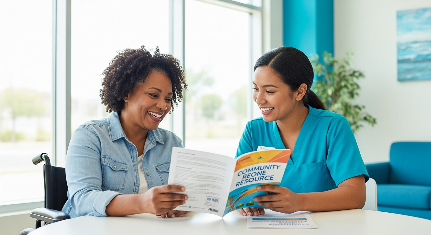 A smiling woman in a wheelchair reviews a resource guide with a staff member.
