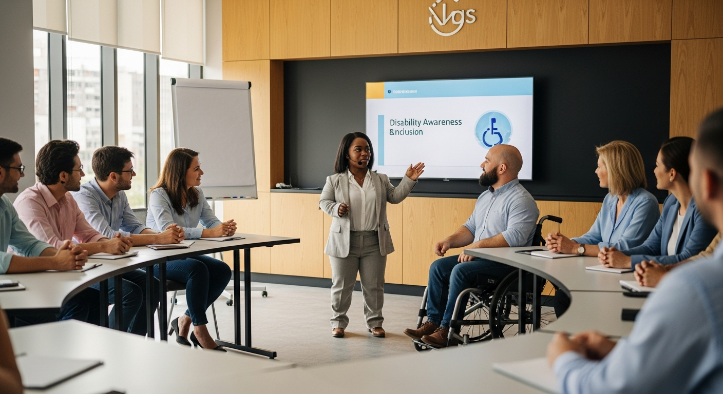 A Black woman presenter who is a little person leading a disability awareness training.