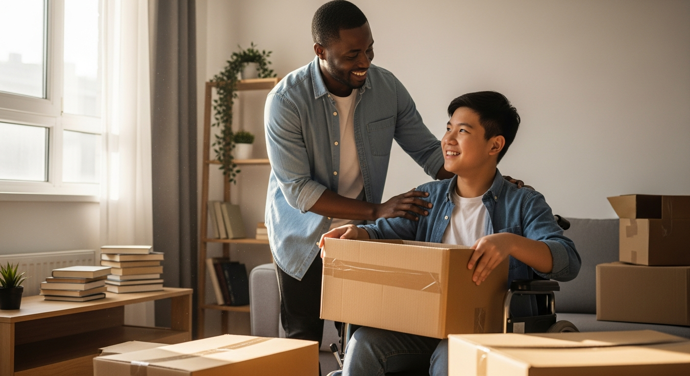 An Asian teen who uses a wheelchair packing moving boxes with a supportive mentor.
